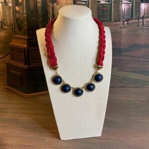 0095 Talbot's Preppy Fuchsia Seed Bead & Navy Blue Cabochon Necklace EUC